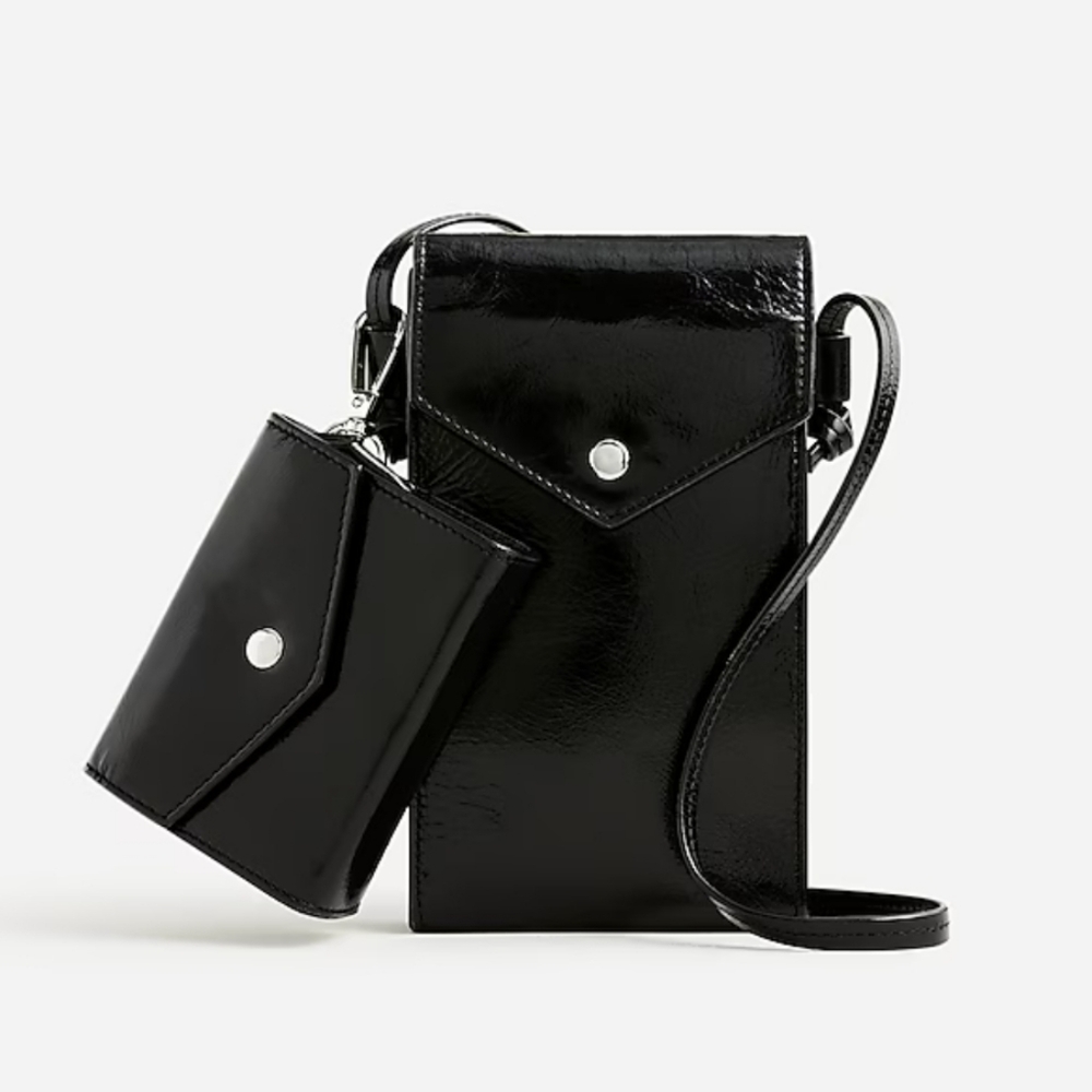 J. Crew Black Patent Leather Crossbody Phone Bag with Card Case
